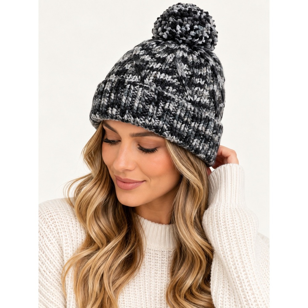 Columbia Womens Beanie Hat Chunky Cable Knit Fleece Lined Pom Pom Marled Grey OS